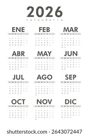 2026 calendar modern classic on Spanish language. Week starts on Monday. Desk or wall A4 vertical black and white calendar in minimalist style
