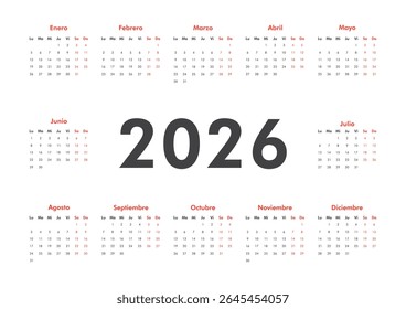 2026 calendar modern classic on Spanish language. Week starts on Monday. Desk or wall A4 horizontal calendar in minimalist style