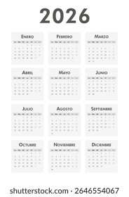 2026 calendar modern classic on Spanish language. Week starts on Monday. Desk or wall A4 vertical black and white calendar in minimalist style