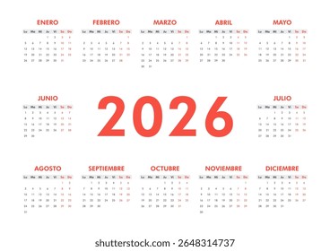 2026 calendar modern classic on Spanish language. Week starts on Monday. Desk or wall A4 horizontal calendar in minimalist style