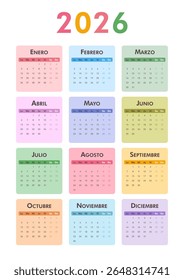 2026 calendar modern classic on Spanish language. Week starts on Monday. Desk or wall A4 vertical calendar in minimalist style