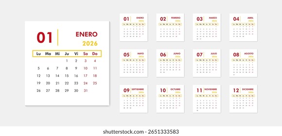 2026 calendar modern classic on Spanish language. Week starts on Monday. Desk or wall calendar in minimalist style in flag colors