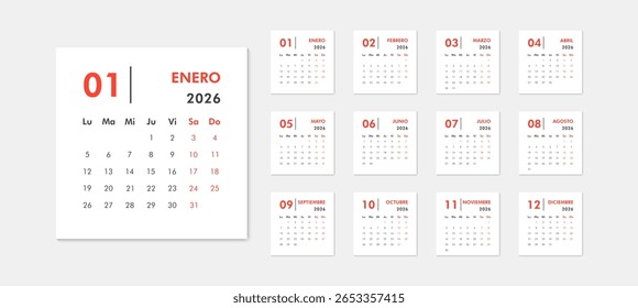 2026 calendar modern classic on Spanish language. Week starts on Monday. Desk or wall calendar in minimalist style