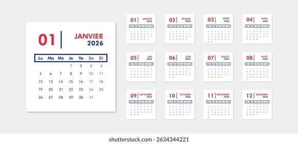 2026 calendar modern classic. Week starts on Monday. Desk or wall calendar in French flag colors
