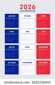 2026 calendar modern classic. Week starts on Monday. Desk or wall A4 vertical calendar in French flag colors