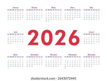 2026 calendar modern classic. Week starts on Monday. Desk or wall A4 horizontal calendar in French flag colors