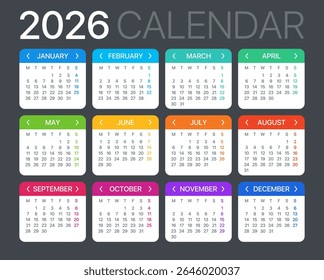 Calendário 2026 - Segunda a Domingo - Modelo Vetorial