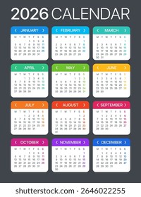 Calendário 2026 - Segunda a Domingo - Modelo Vetorial