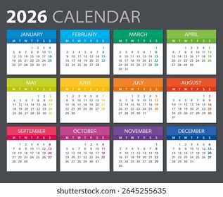 2026 calendar - Monday week start  - Vector template