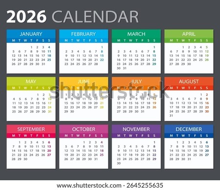 2026 calendar - Monday week start  - Vector template