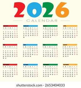 Calendário 2026 com layout mensal e números coloridos para o calendário de parede ou calendário de mesa 