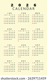2026 Calendar with Monthly Views. A colorful and organized 2026 calendar, with each month displayed in a separate box.	