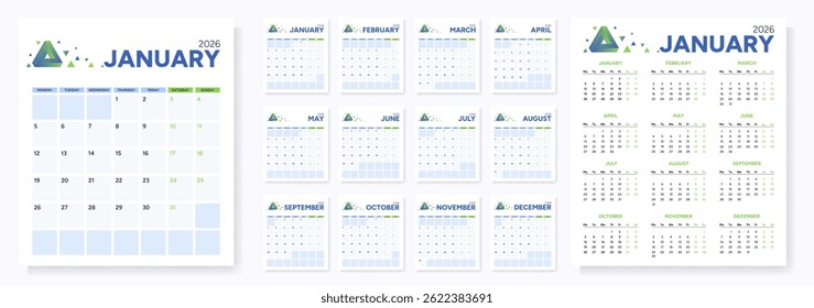 2026 calendar with notepad. Blue and green colors. Week starts on Monday. 12 pages by months. Planner for the whole year. Vector illustration.