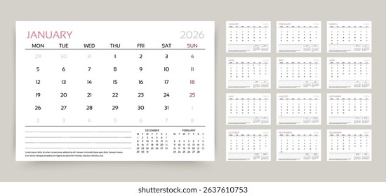 2026 calendar. Planner calender template. Yearly stationery organizer. Week starts Monday. Table schedule grid with 12 month. Corporate monthly diary layout. Vector illustration. Horizontal design