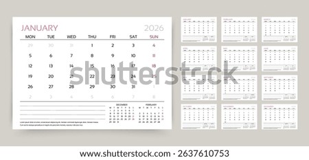 2026 calendar. Planner calender template. Yearly stationery organizer. Week starts Monday. Table schedule grid with 12 month. Corporate monthly diary layout. Vector illustration. Horizontal design