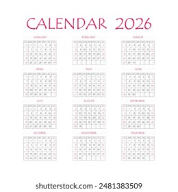 2026 calendar planner. Corporate week. Template layout, 12 months yearly, white background. Simple design for business brochure, flyer, print media, advertisement. Week starts from Monday