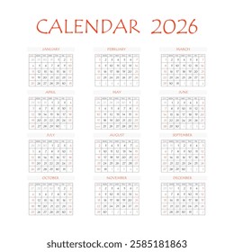 2026 calendar planner. Corporate week. Template layout, 12 months yearly, white background. Simple design for business brochure, flyer, print media, advertisement. Week starts from Monday