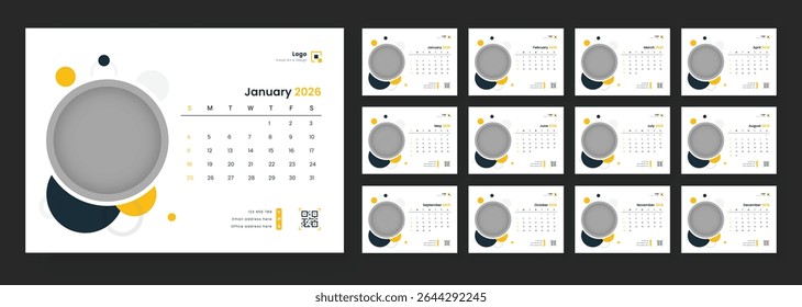 2026 Calendar Planner Set of new Template 12 Monthly Page for Corporate or Personal use. Desk Calendar 2026 template. Calendar template for 2026 with week start on Sunday.