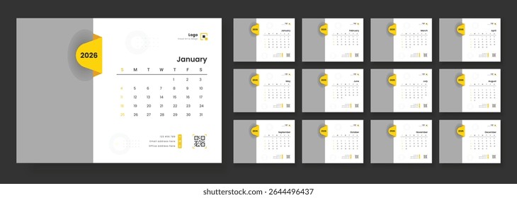2026 Calendar Planner Set of new Template 12 Monthly Page for Corporate or Personal use. New Year 2026 table calendar, Planner simple, Stationery, printing media, vector.