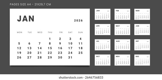 2026 Calendar Planner Set of new Template 12 Monthly Page for Corporate or Personal use. Vector layout minimalist of a wall or desk organizer with week start Monday for print. Page for size A4-21x29.7