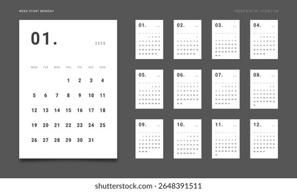2026 Calendar Planner Set of new Template 12 Monthly Page for Corporate or Personal use. Vector vertical minimal layout of wall or desk organizer with week start Monday for print. Page size A4-21x29.7