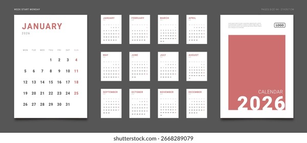2026 Calendar Planner Conjunto de nueva Plantilla Mensual Página y cubierta con lugar para la foto, logotipo de la empresa. Vertical de la cuadrícula de diseño de Vector del organizador de pared o escritorio. La semana comienza el lunes para imprimir. Páginas A4