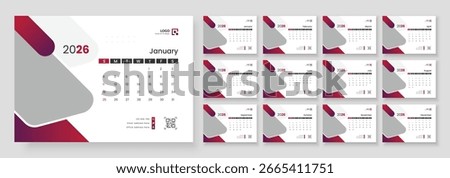 2026 Calendar Planner Set of new Template 12 Monthly Page for Corporate or Personal use. Desk Calendar 2026 template. Calendar template for 2026 with week start on Sunday.