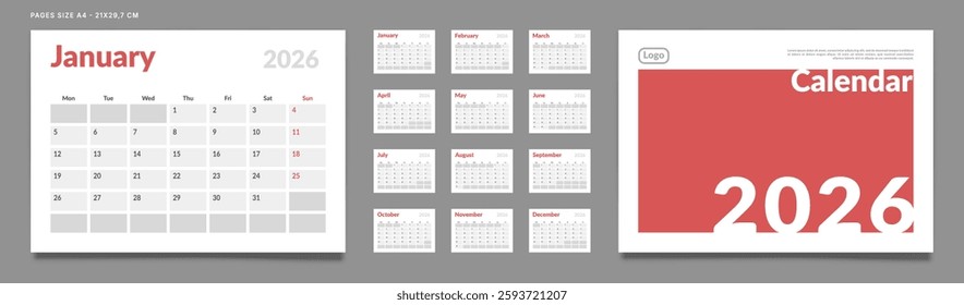 2026 Calendar Planner Set of Template Monthly Page and cover with Place for Photo, Company Logo. Vector layout of a wall or desk calendar with week start Monday for print. Page for size A4 -21x29.7cm