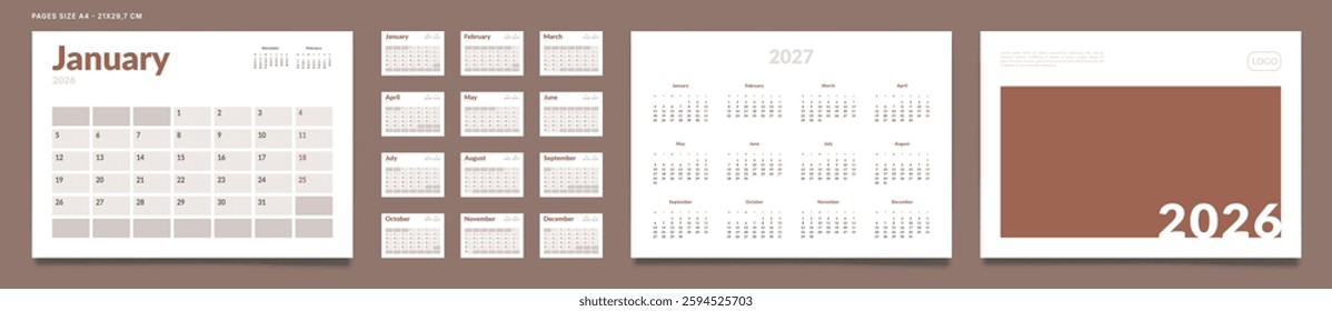 2026 Calendar Planner Set of Template Monthly Page, Cover with Place for Photo, Company Logo, Annual 2027. Vector layout of a wall or desk calendar with week start Monday for print. Page A4 -21x29.7cm