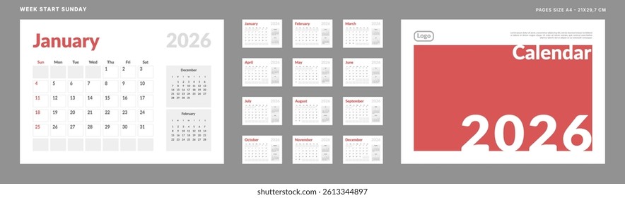 2026 Calendar Planner Set of Template Monthly Page and cover with Place for Photo, Company Logo. Vector layout of a wall or desk calendar with week start Sunday for print. Page for size A4 -21x29.7cm