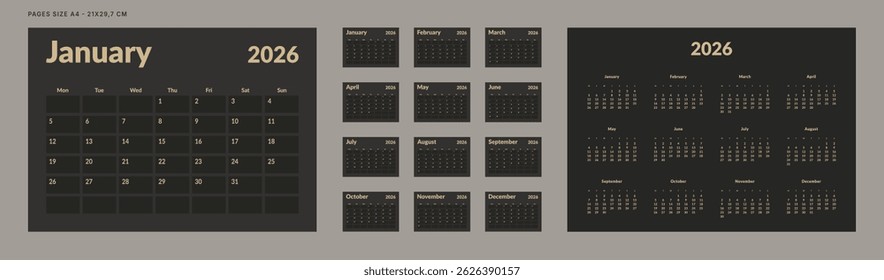2026 Calendar Planner Set of Template Monthly Page, Annual 2026. Vector layout grid of wall or desk calendar with week start Monday. Page A4-21x29.7 cm for print in dark color