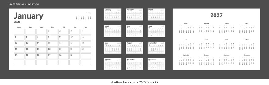 2026 Calendar Planner Set of Template Monthly Page, Annual 2027. Vector layout grid of wall or desk calendar with week start Monday in in monochrome color. Page A4-21x29.7 cm for print