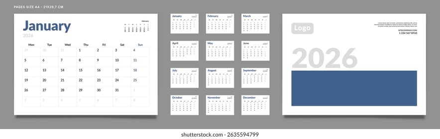 2026 Calendar Planner Set of Template Monthly Page and cover with Place for Photo, Company Logo. Vector layout of a wall or desk calendar with week start Monday for print. Page for size A4 -21x29.7cm