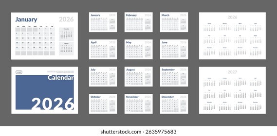2026 Calendar Planner Set of Template Monthly Page, Cover with Place for Photo, Company Logo, Annual 2026-2027. Vector layout wall or desk calendar with week start Sunday for print. Page A4 -21x29.7cm