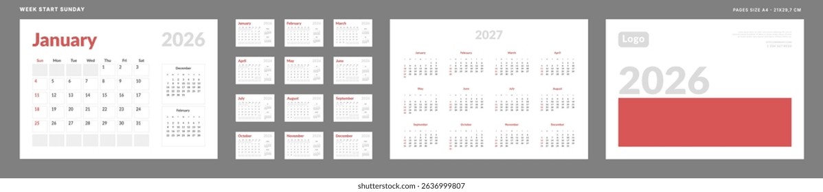 2026 Calendar Planner Set of Template Monthly Page, Cover with Place for Photo, Company Logo, Annual 2027. Vector layout of a wall or desk calendar with week start Sunday for print. Page A4 -21x29.7cm