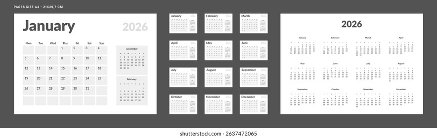 2026 Calendar Planner Set of Template Monthly Page, Annual 2027. Vector layout grid of wall or desk calendar with week start Monday in in monochrome color. Page A4-21x29.7 cm for print