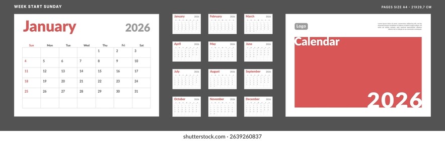 2026 Calendar Planner Set of Template Monthly Page, Cover with Place for Photo, Company Logo. Vector layout grid of a wall or desk calendar with week start Sunday for print. Page A4 -21x29.7cm