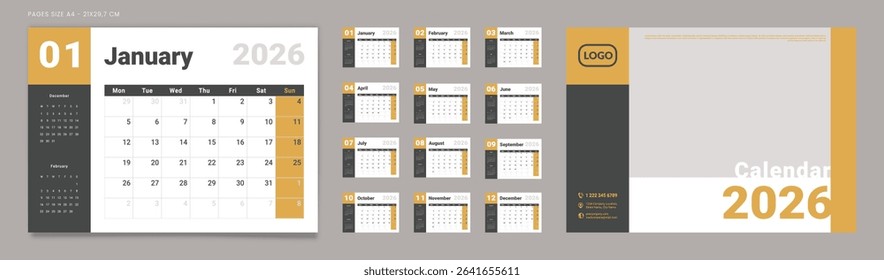 2026 Calendar Planner Set of Template Monthly Page and cover with Place for Photo, Company Logo. Vector layout of a wall or desk calendar with week start Monday for print. Page for size A4 -21x29.7cm
