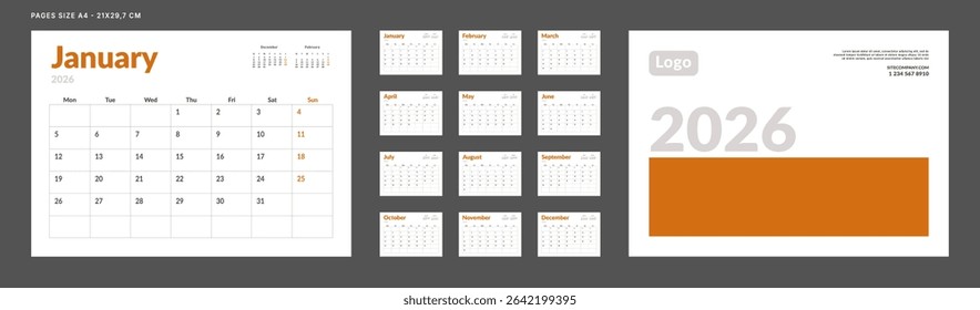 2026 Planejador do calendário Conjunto de Modelo Página Mensal e capa com Lugar para Foto, Logotipo da Empresa. Layout vetorial de um calendário de mesa ou parede com início de semana na segunda-feira para impressão. Página de tamanho A4 -21x29.7cm