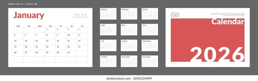 2026 Planejador do calendário Conjunto de Modelo Página Mensal e capa com Lugar para Foto, Logotipo da Empresa. Layout vetorial de um calendário de mesa ou parede com início de semana na segunda-feira para impressão. Página de tamanho A4 -21x29.7cm