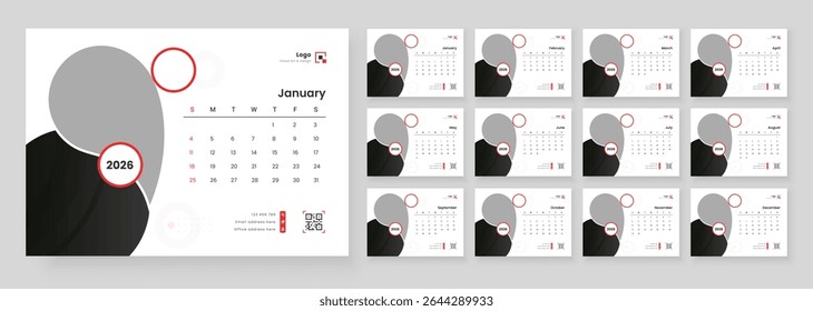 2026 Calendar Planner Set of Template Monthly Page. Minimalist desk calendar 2026 template. Week Starts on Sunday.