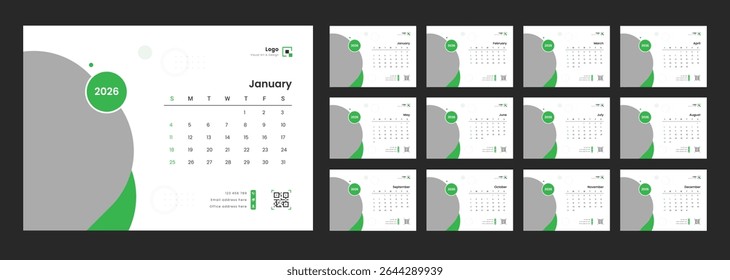 2026 Calendar Planner Set of Template Monthly Page. Desk calendar with week start Sunday for print. New Year 2026 table calendar.
