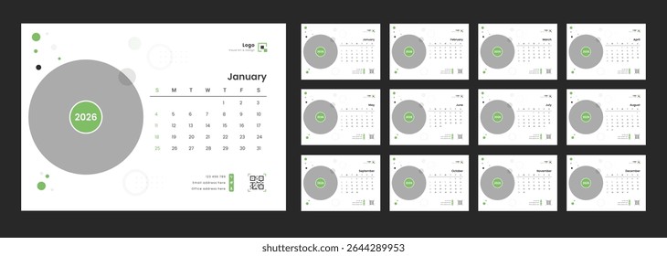 Página Mensal do Conjunto de Modelos do Planejador do Calendário 2026. Calendário de mesa com início de semana domingo para impressão.
