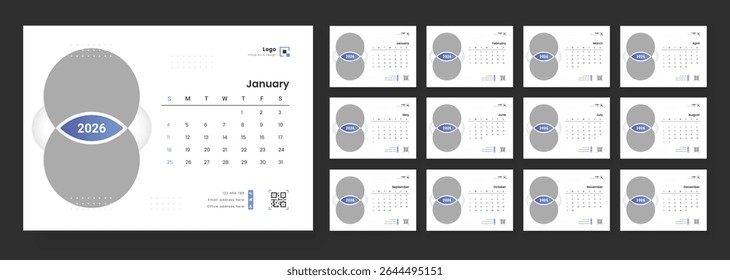 2026 Calendar Planner Set of Template Monthly Page. New Year 2026 table calendar. Desk calendar with week start Sunday for print.