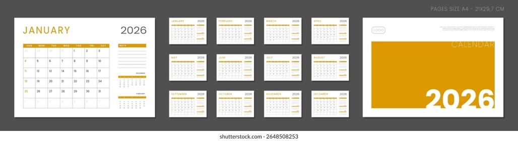 2026 Planejador do calendário Conjunto de Modelo Página Mensal com Nota e capa com Lugar para Foto, Logotipo da Empresa. Layout de grade vetorial do organizador de mesa ou parede com início de semana no domingo para impressão. Páginas tamanho A4