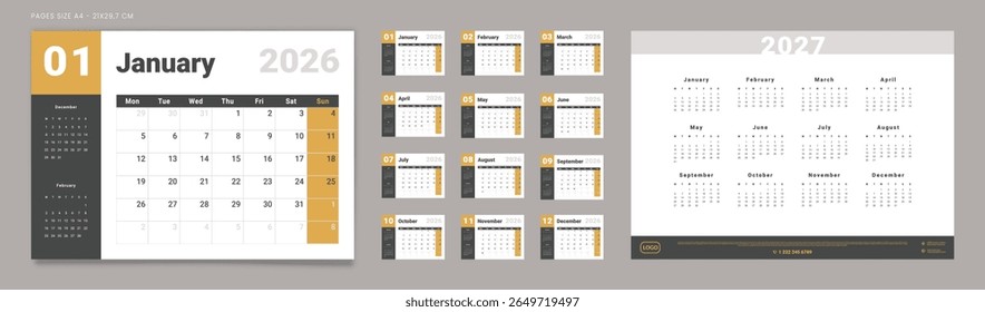 2026 Calendar Planner Set of Template Monthly Page, Anual de 2027. Grade de layout vetorial do organizador de parede ou mesa com início de semana na segunda-feira. Página A4-21x29,7 cm para impressão
