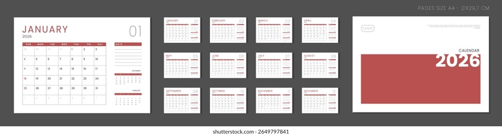 2026 Planejador do calendário Conjunto de Modelo Página Mensal com Nota e capa com Lugar para Foto, Logotipo da Empresa. Layout de grade vetorial do organizador de mesa ou parede com início de semana no domingo para impressão. Páginas tamanho A4