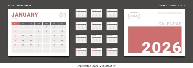 2026 Planejador do calendário Conjunto de Modelo Página Mensal com Nota e capa com Lugar para Foto, Logotipo da Empresa. Layout vetorial do organizador de mesa ou parede com início de semana domingo. Tamanho das páginas Carta -8,5x11 pol