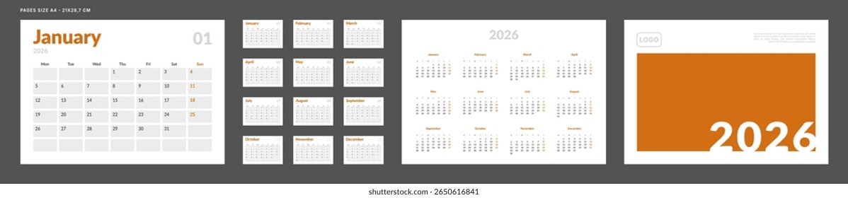 2026 Calendar Planner Set of Template Monthly Page with Note and cover with Place for Photo, Company Logo. Vector grid layout of wall or desk organizer with week start Monday for print. Pages size A4