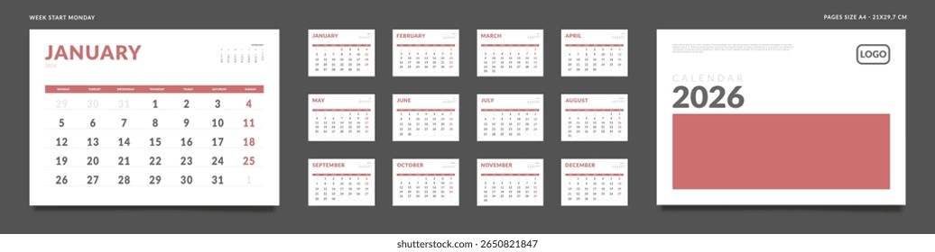 2026 Calendar Planner Set of Template Monthly Page with Note and cover with Place for Photo, Company Logo. Vector grid layout of wall or desk organizer with week start Monday for print. Pages size A4